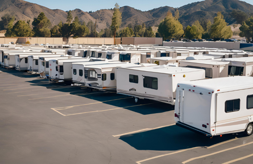 This image shows RVs parked in rows behind a self storage facility..