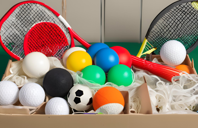 The image shows sports equipment in a box stored inside of a self storage facility