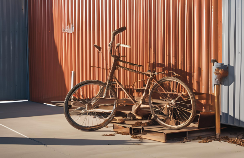 The image shows a rusting bicycle leaned against a self storage facility.