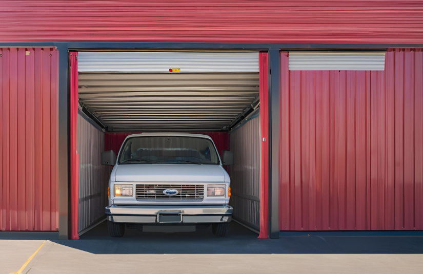 This image shows a vehicle in a self storage unit. The vehicle is a white van.