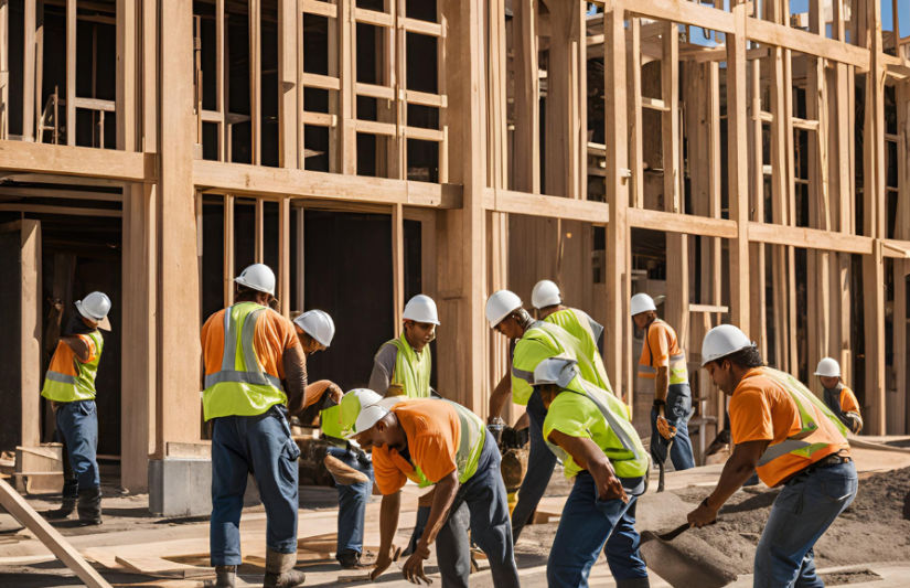 The image shows a group of construction workers building on an active site.