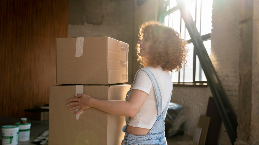 Women carrying two brown boxes for self storage