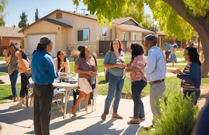 This image shows people interacting in front of a table hosting an event in front of a house.