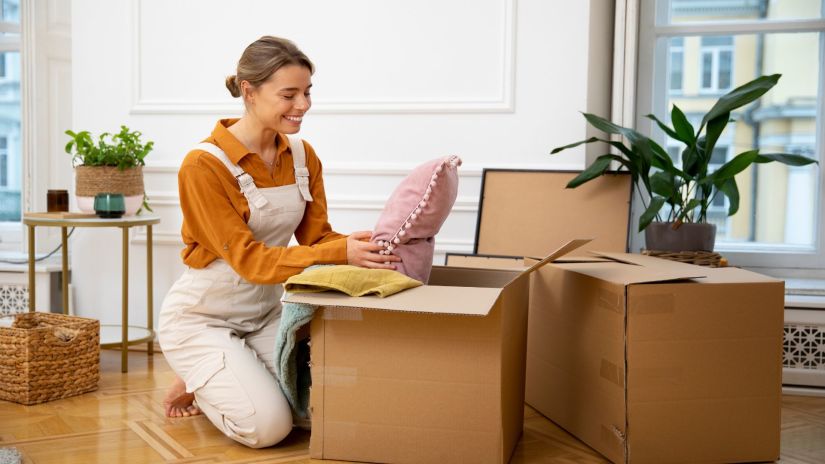 Women packing pillow in brown box.