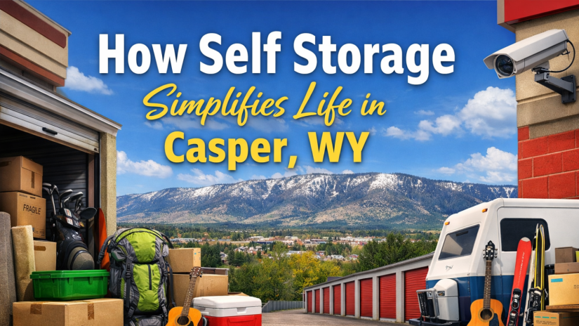 Self storage facility with red doors in Casper, WY
