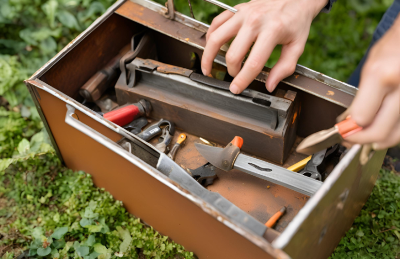This images shows a rusting toolbox being opened off camera and revealing rusting tools.