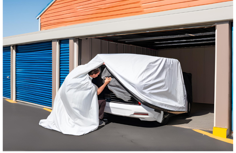 The image shows a vehicle owner preparing a vehicle to go into a self storage facility.