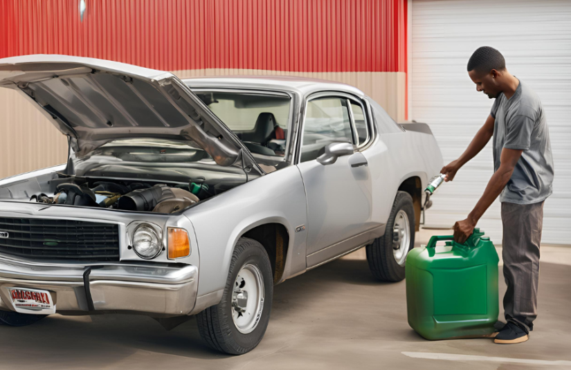 The image shows a vehicle owner preparing his car inside of a self storage unit.