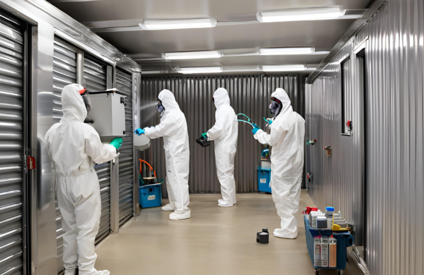 This image shows a group cleaning a self storage facility.