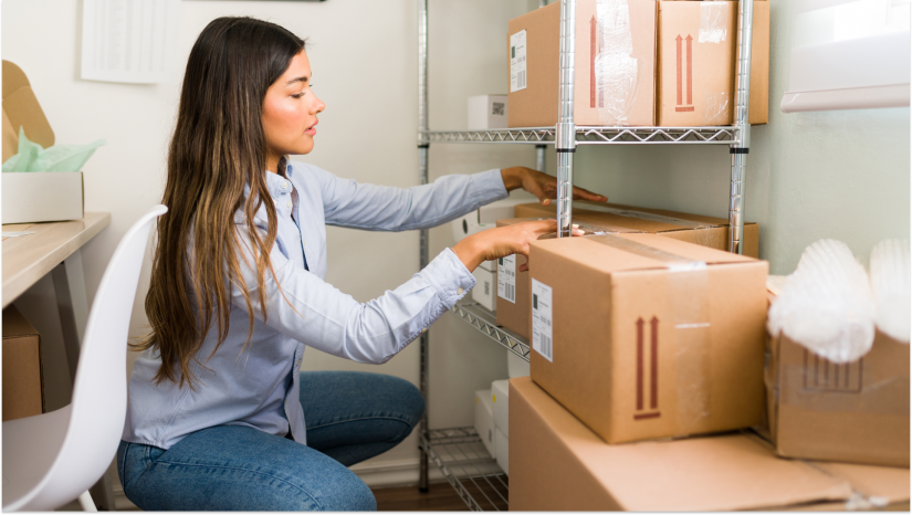 woman crouching on floor and touching storage boxes on a shelf