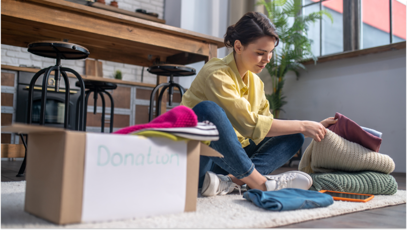 woman organizing blankets into a donation storage box sitting on the floor