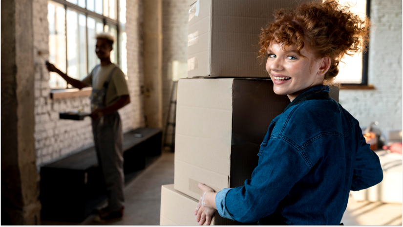 woman holding storage boxes in a blue jacket with friend behind