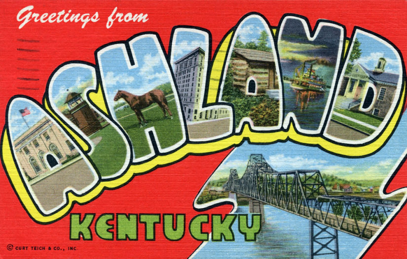 This image is a vintage postcard with the text "Greetings from Ashland Kentucky" written in bold letters. Each letter contains illustrations of local landmarks and scenic views from Ashland, Kentucky, including buildings, horses, and bridges, all set against a bright red background.