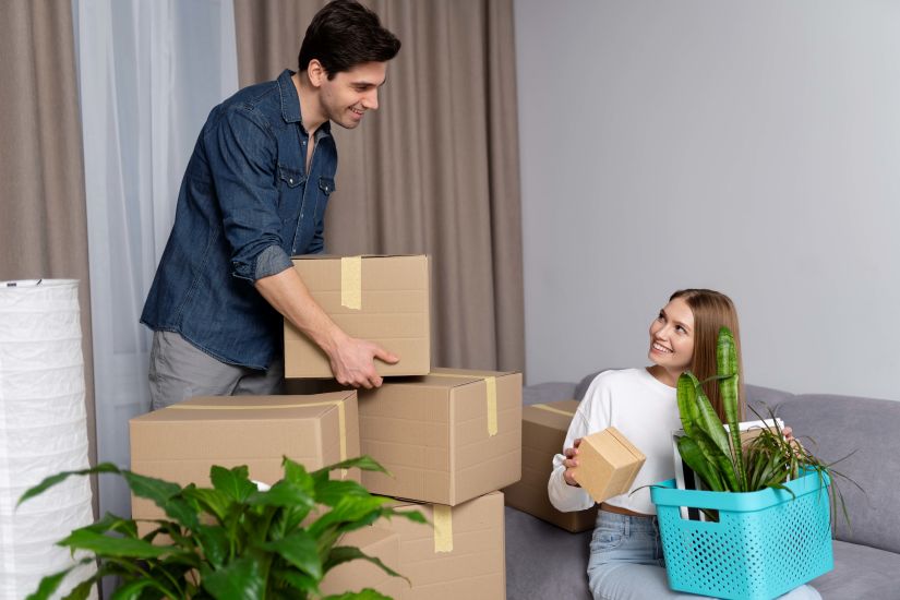 man and woman adding belongings to storage boxes