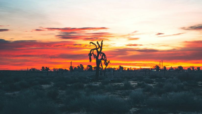 A sunset in the desert area, showing how temperature swings in California