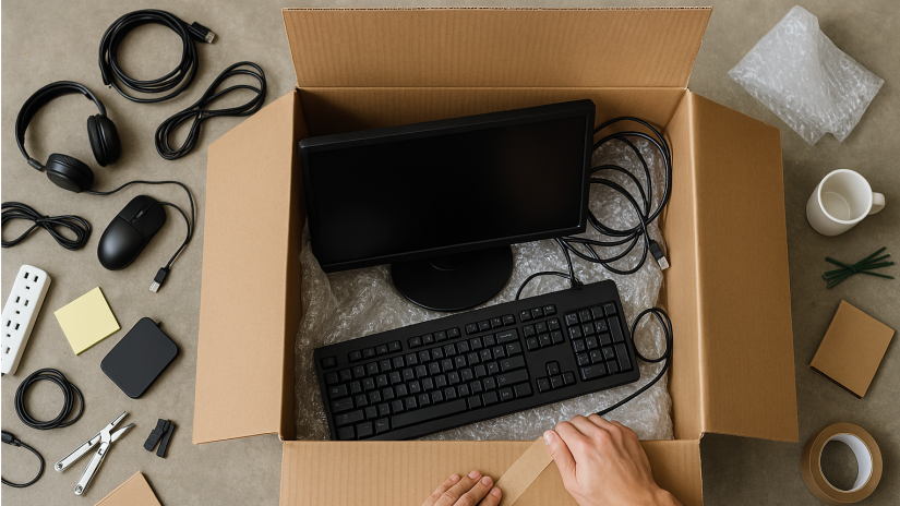 The image shows electronic being packed away.