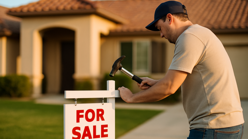 The image shows a person hammering a for sale sign into the front yard of a house in Clovis.