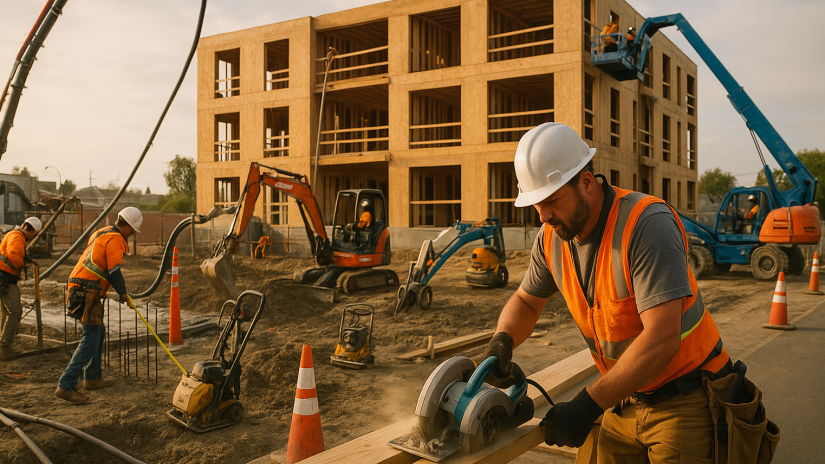 The image shows a group of construction workers building an apartment building.