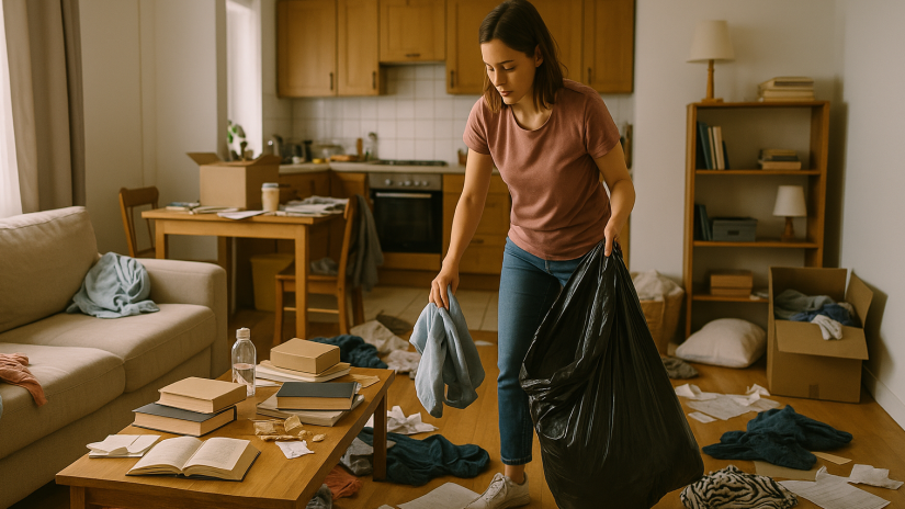 The image shows a cluttered apartment being cleaned.