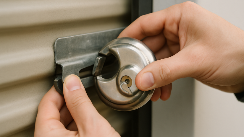 The image shows a lock on a self storage unit.