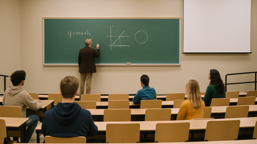 The image shows a college classroom.