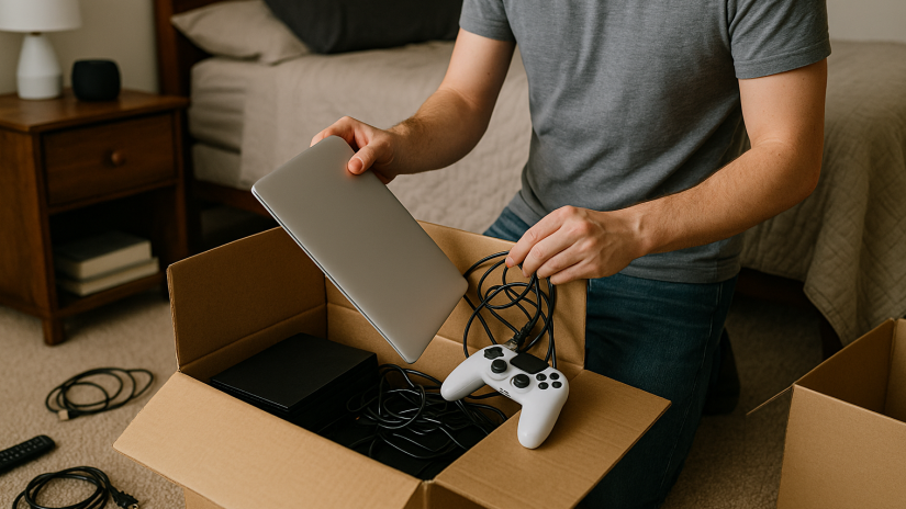 The image shows a person packing away electronics.