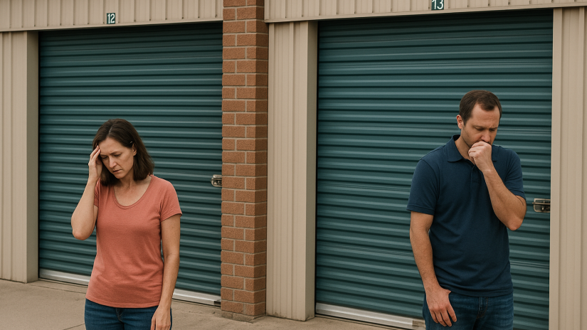 Divorced Couple walking apart in front of a large outdoor storage facility