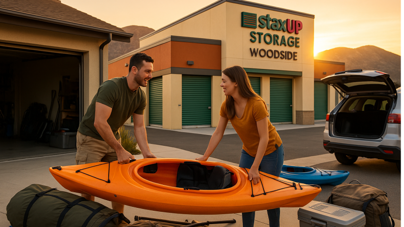 Couple loading kayaks at StaxUP Storage Woodside Lakeside