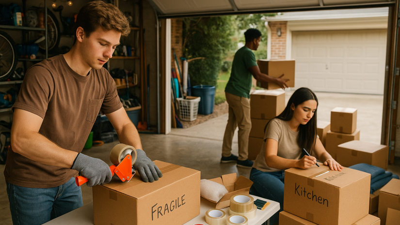 The image shows a young group packing belongings into boxes inside of a garage.