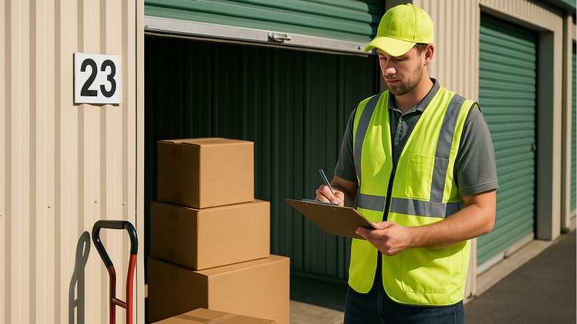 The image shows a self storage worker marking down a paper on a clipboard while standing in front of an open self storage unit.