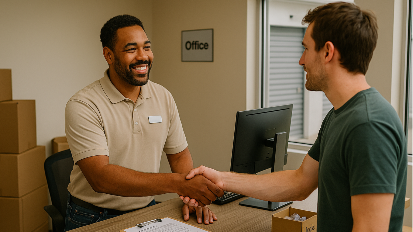 The image shows an onsite manager assisting a customer.