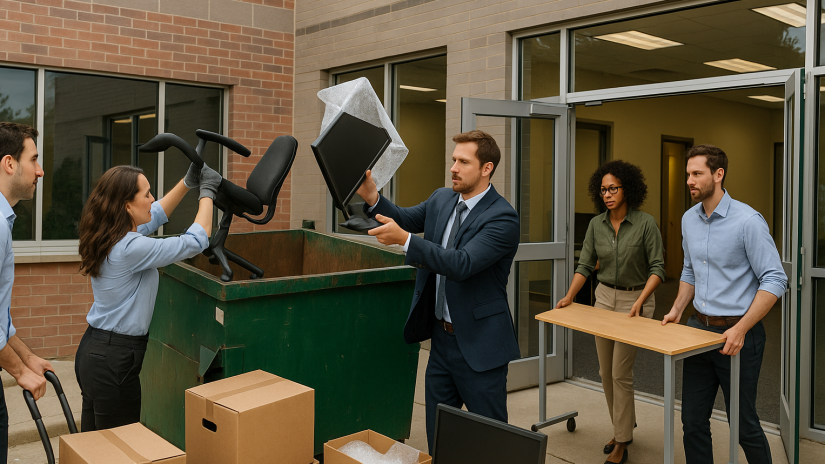 The image shows a group of workers clearing out an office.