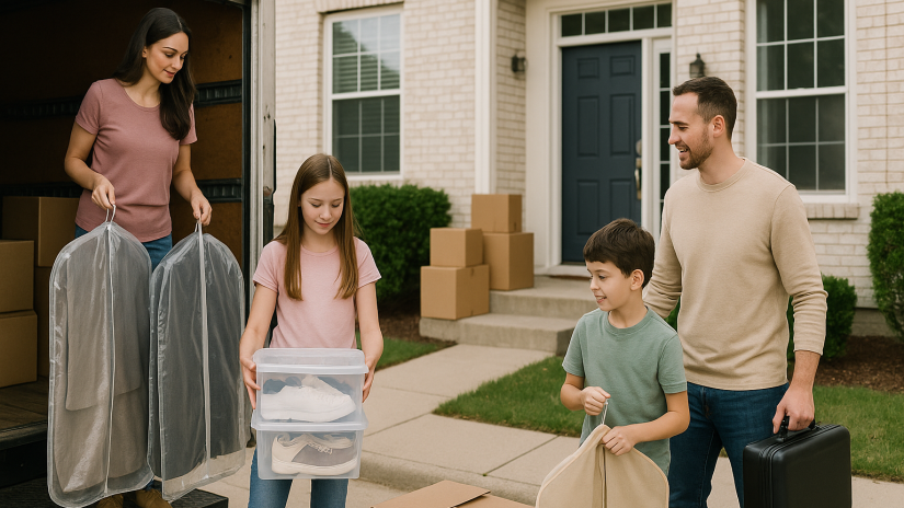 The image shows a family unloading a truck full of garmet bags