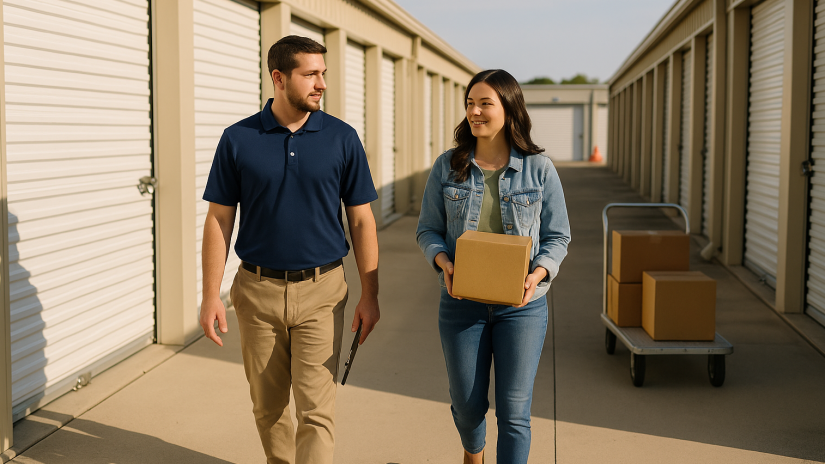The image shows a self storage employee assisting a customer