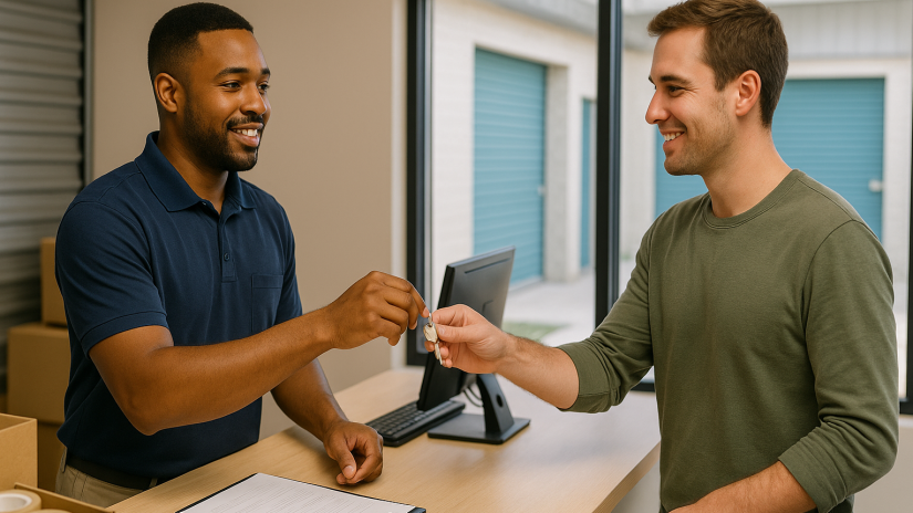 The image shows a self storage manager handing keys to a customer at a self storage facility.