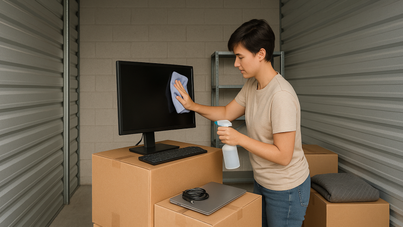 The image shows a person wiping down electronic before putting them in a self storage facility.