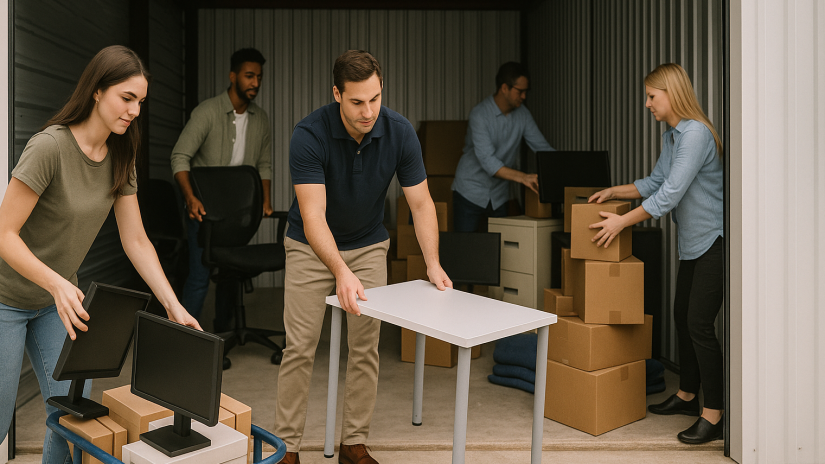 The image shows a group of workers putting office equipment into a self storage unit.