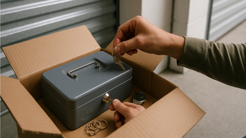 The image shows a person locking valuables in a box to put inside of a self storage unit.