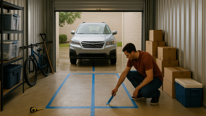 The image shows a self storage customer setting up their unit to accommodate their vehicle.