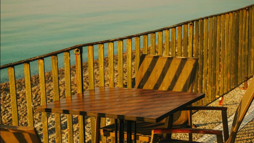 Bayfront patio furniture on Chula Vista waterfront deck ready for seasonal storage