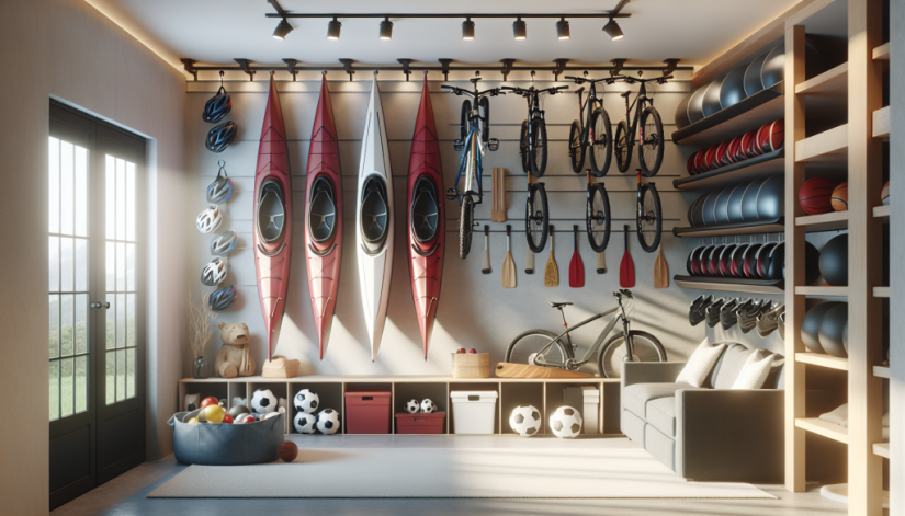 Organized garage with kayaks, paddles and other outdoor equipment tidily put away