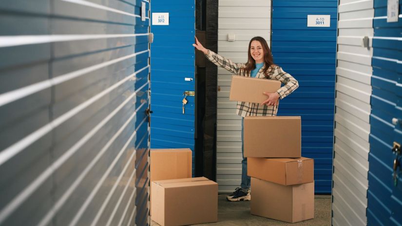 Person carrying boxes in a storage unit hallway with stacked moving boxes.