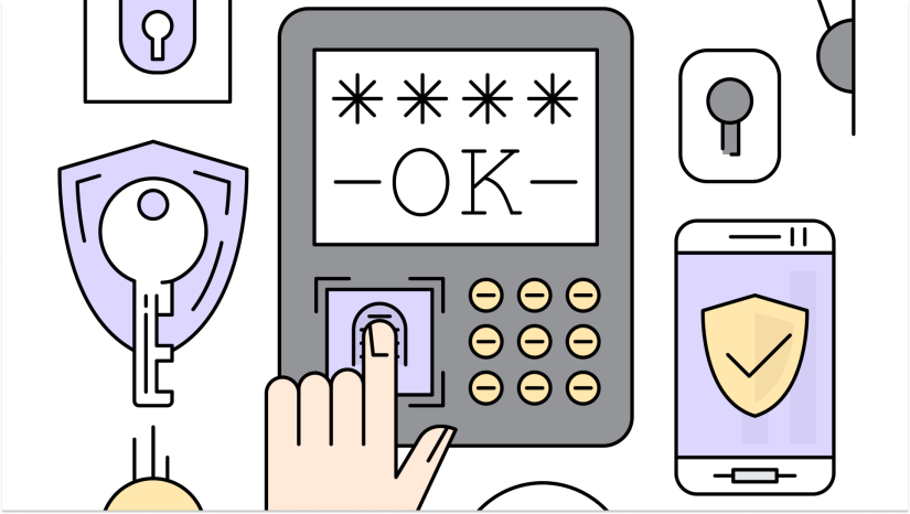 graphic of keypad and various lock symbols in white gray and purple