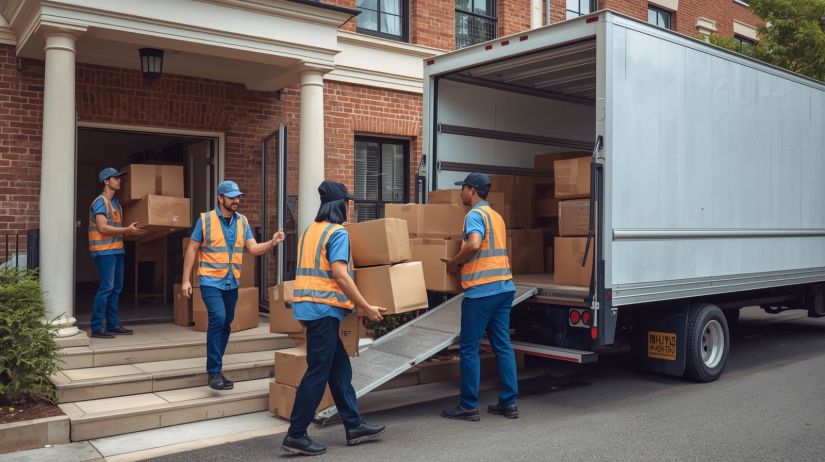 Moving company crew loading boxes into a moving truck at a residential home