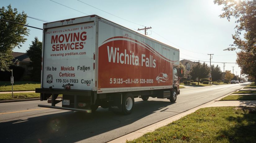 Moving truck driving through residential street in Wichita Falls, TX.