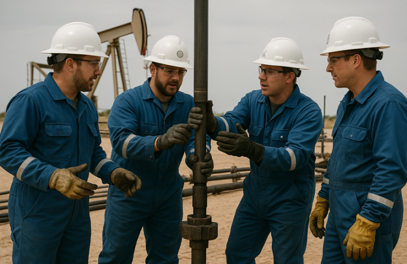This image shows a group of oil field workers working on a drill.