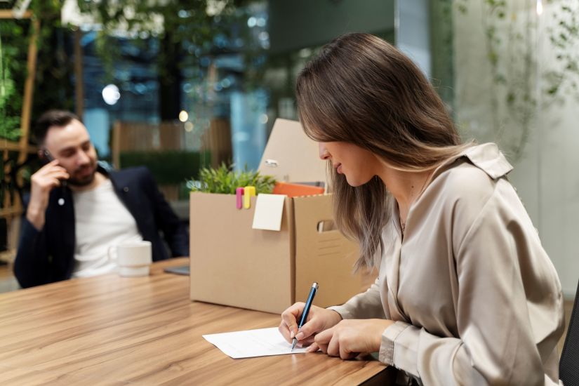 woman writing on a paper, with storage boxes, and man on his phone in the background