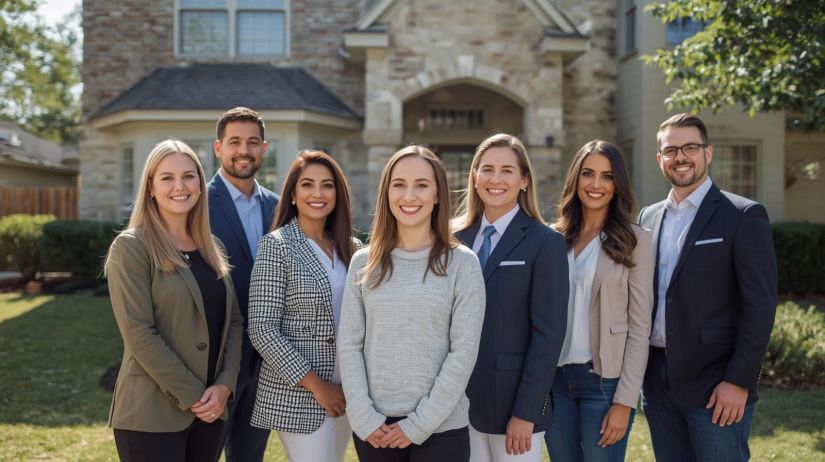 Group of real estate agents standing in front of a residential home