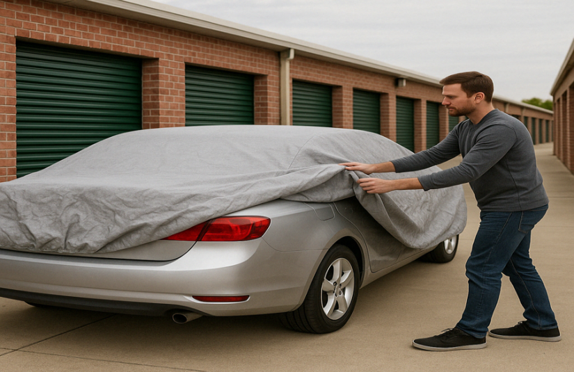 This image shows a self storage client covering his vehicle before storing it.