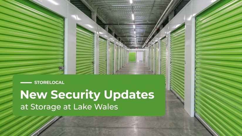 lime green storage units. gray floor and ceiling, and white text on top